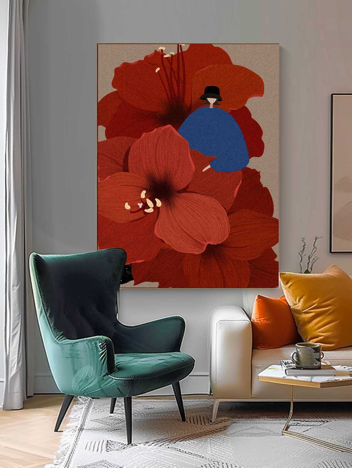 Large Figure Painting Original Girl On Flowers Wall Art Illustration style Abstract Artwork Home Decor