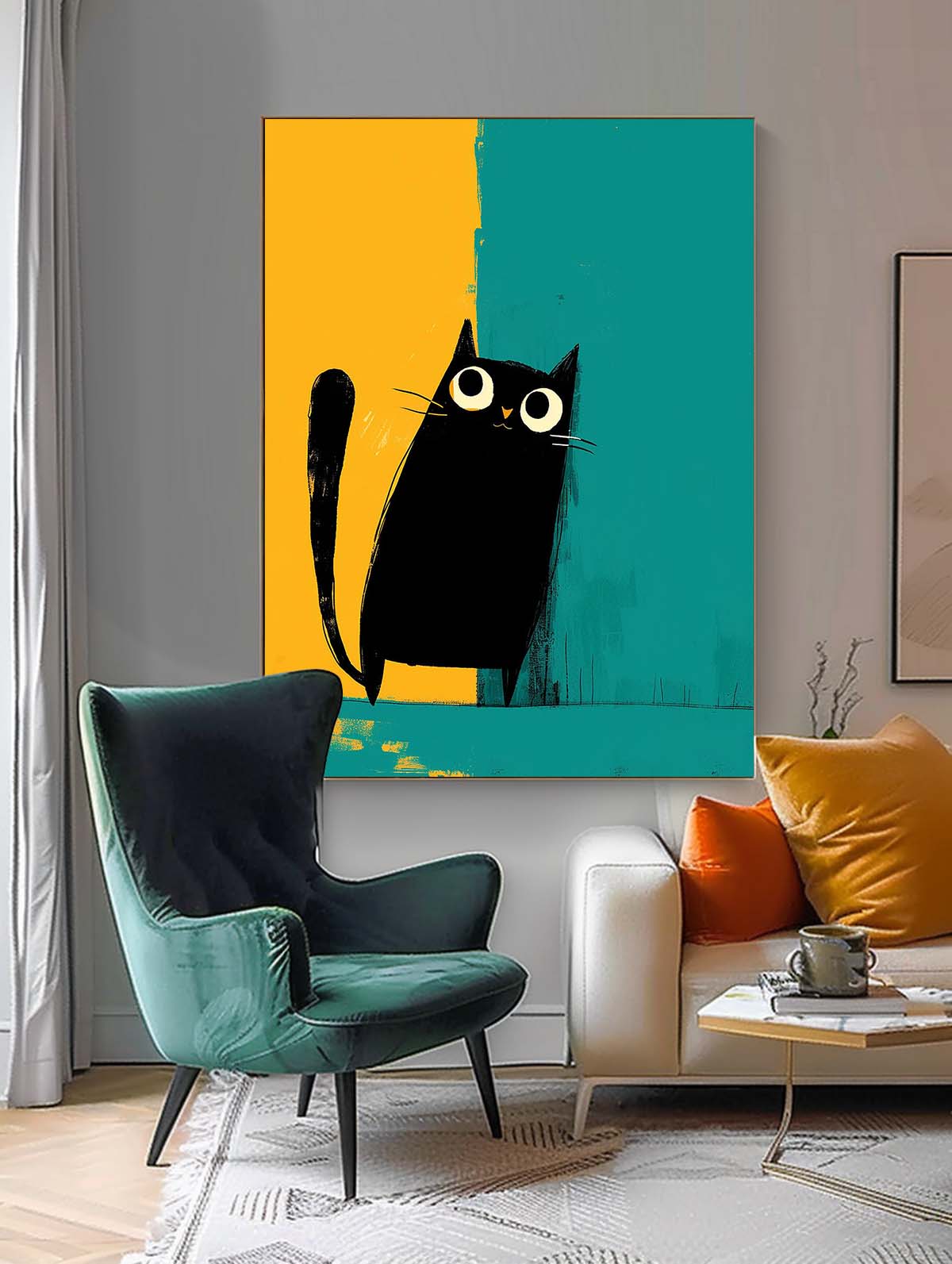 Vibrant Yellow And Green Oil Painting Modern Black Cat Animal Oil Painting Impressionist Kitty Wall Art