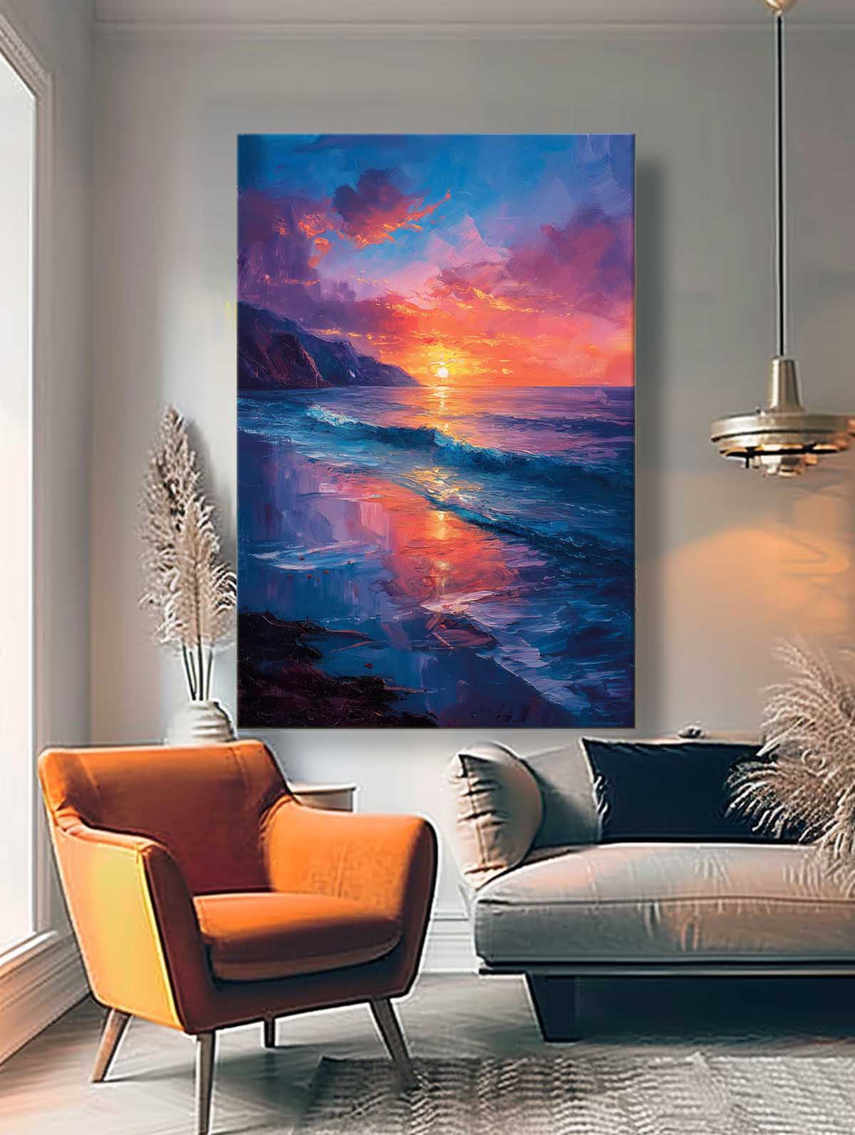 Large Sea Wall Art Original Abstract Beach Oil Painting On Canvas Texture Sunset Artwork Home Decor