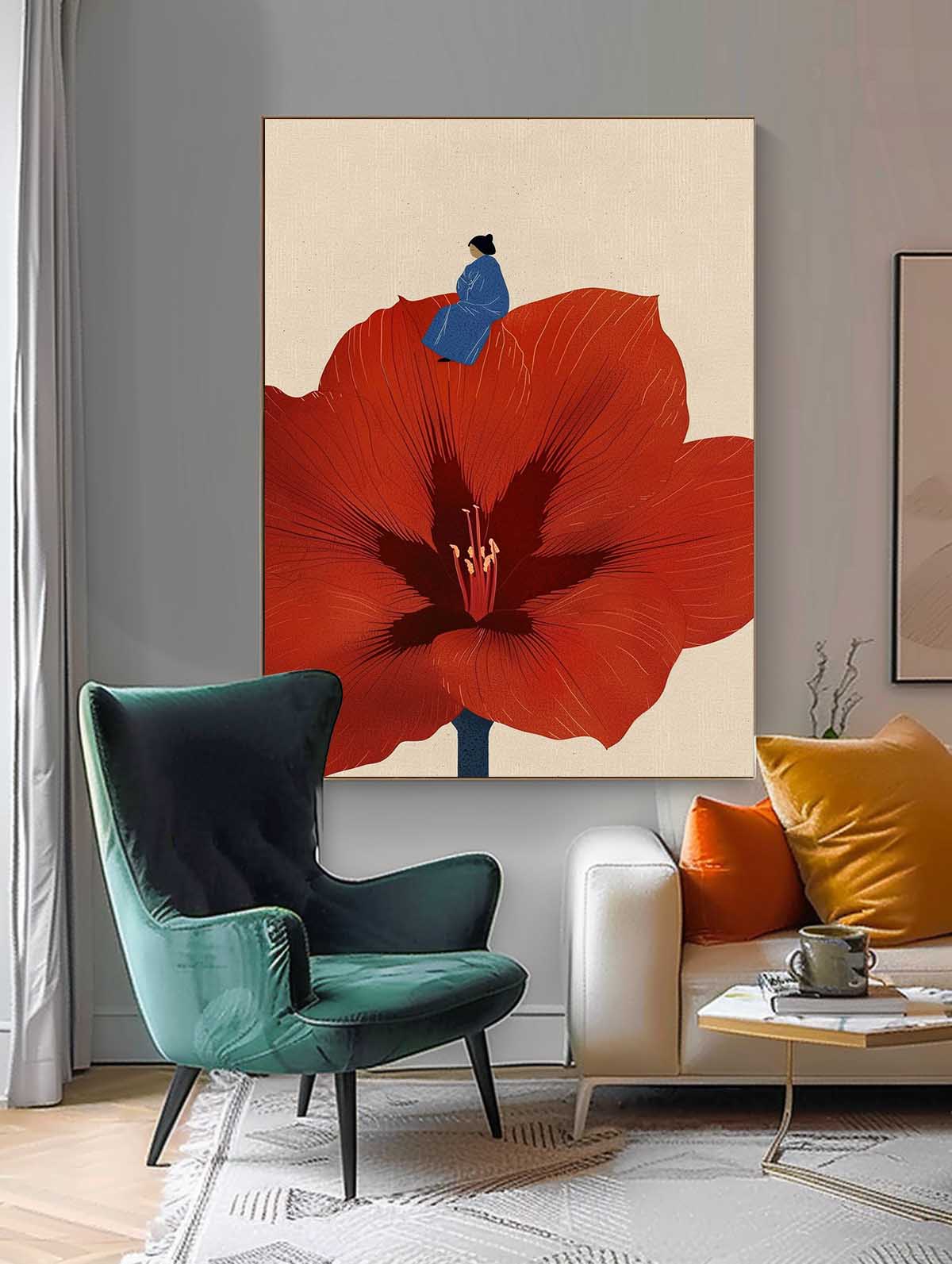 Illustration style Abstract Artwork Large Figure Painting Original Girl On Flowers Wall Art Home Decor