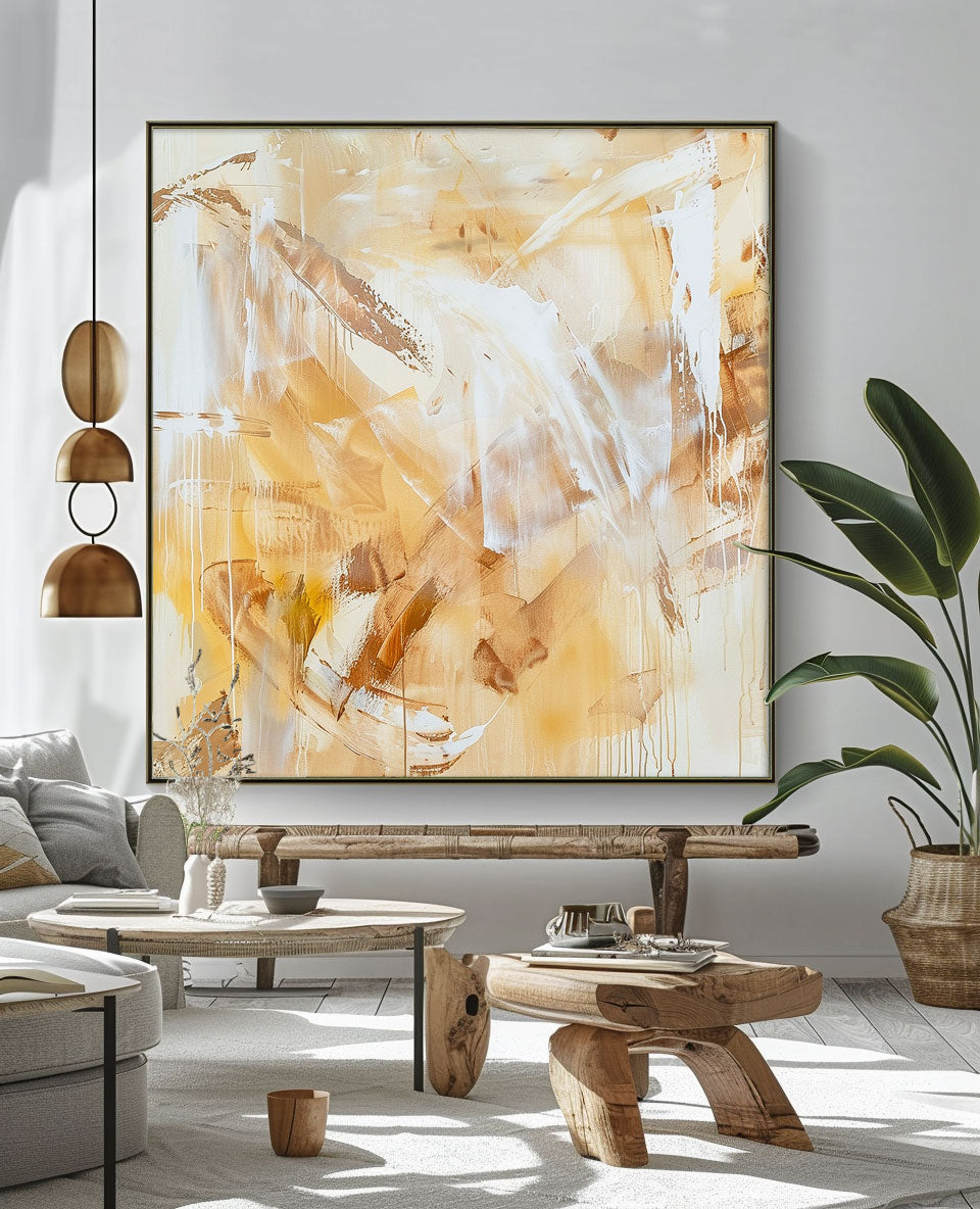 Bright Yellow Oil Painting Square Texture Abstract Acrylic Painting On Canvas Oversize Wall Art Home Decor