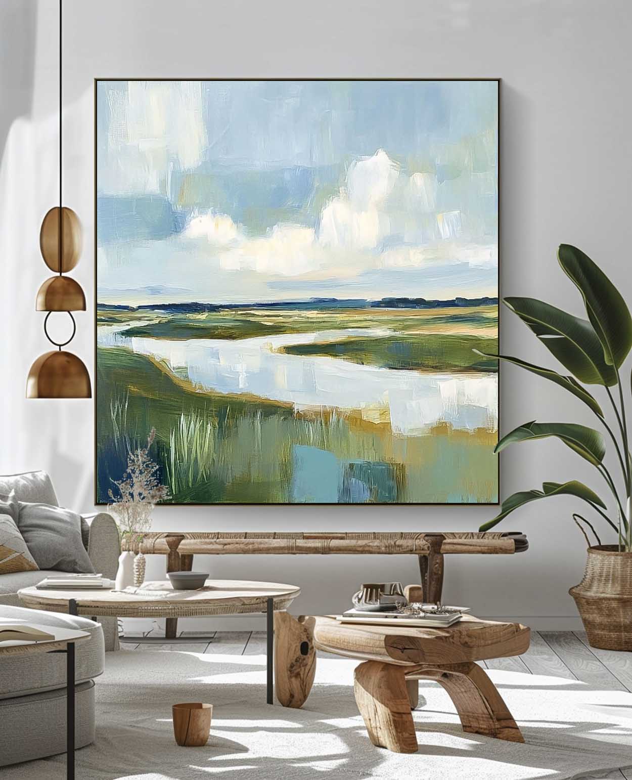 Abstract Lake Landscape Oil Painting Large Blue Texture Wall Art Framed Green Countryside Landscape Artwork