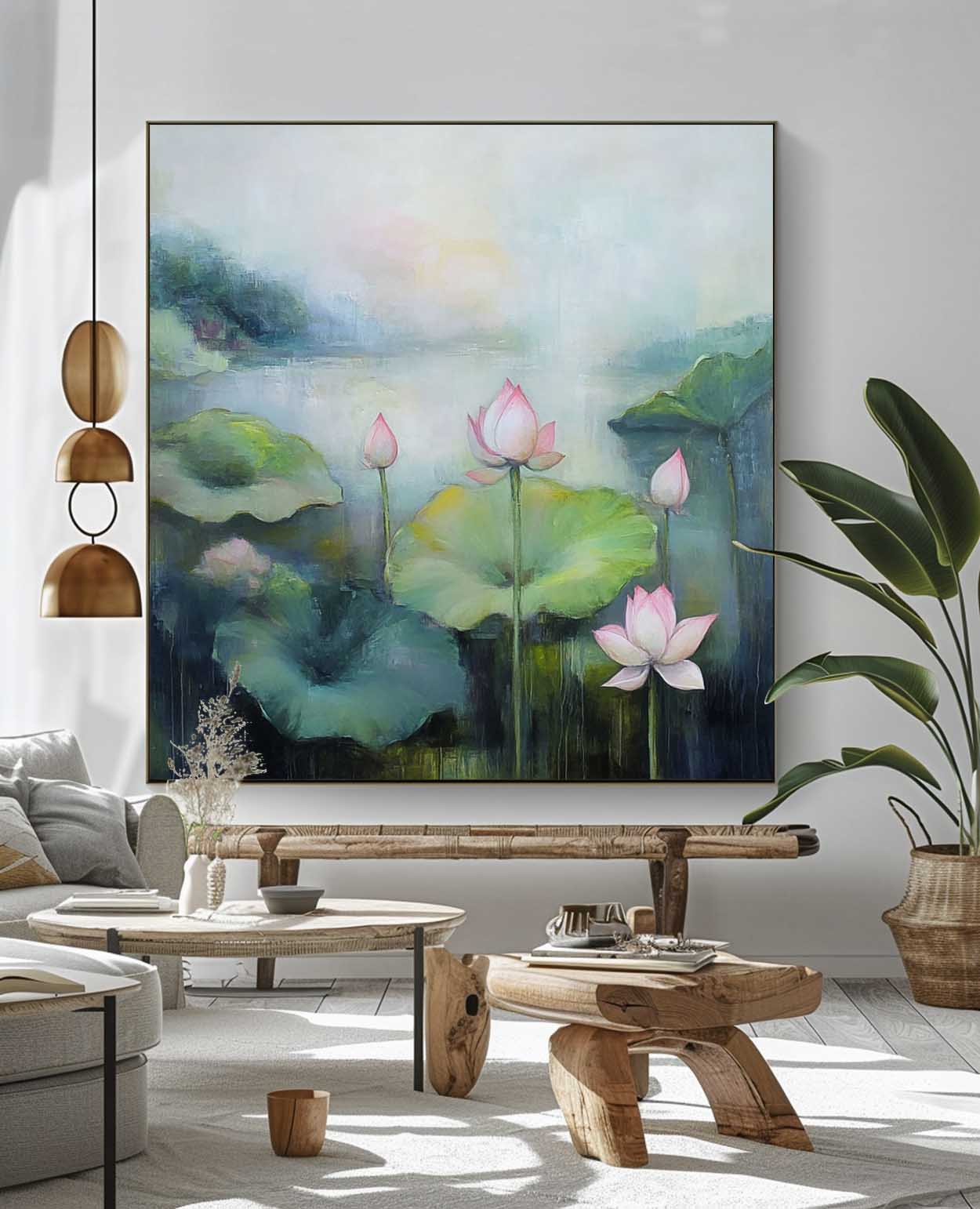 Floral Texture Canvas Painting Original Abstract Lotus Artwork Large Handmade Wall Art For Living Room