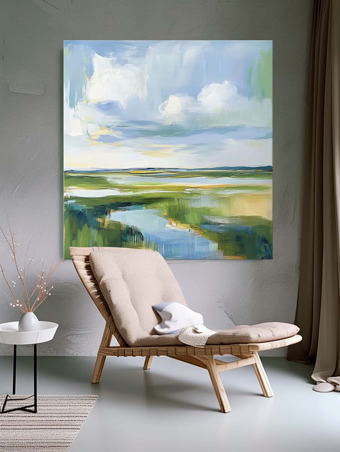 Large Blue Texture Wall Art Framed Abstract Lake Landscape Oil Painting Green Countryside Landscape Artwork