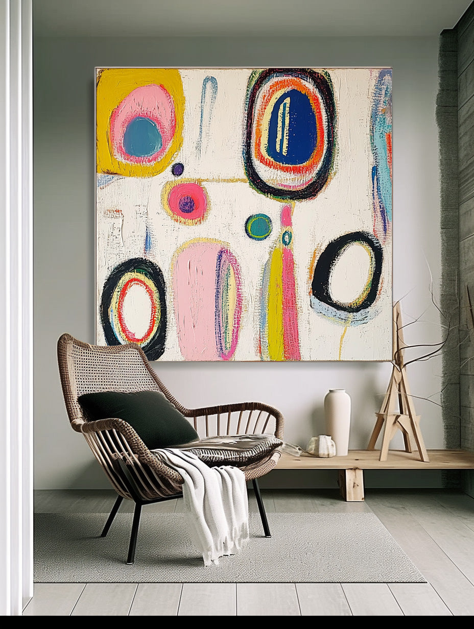 Modern Handmade Artwork Square Abstract Oil Painting Original Irregular Geometric Circles Wall Art