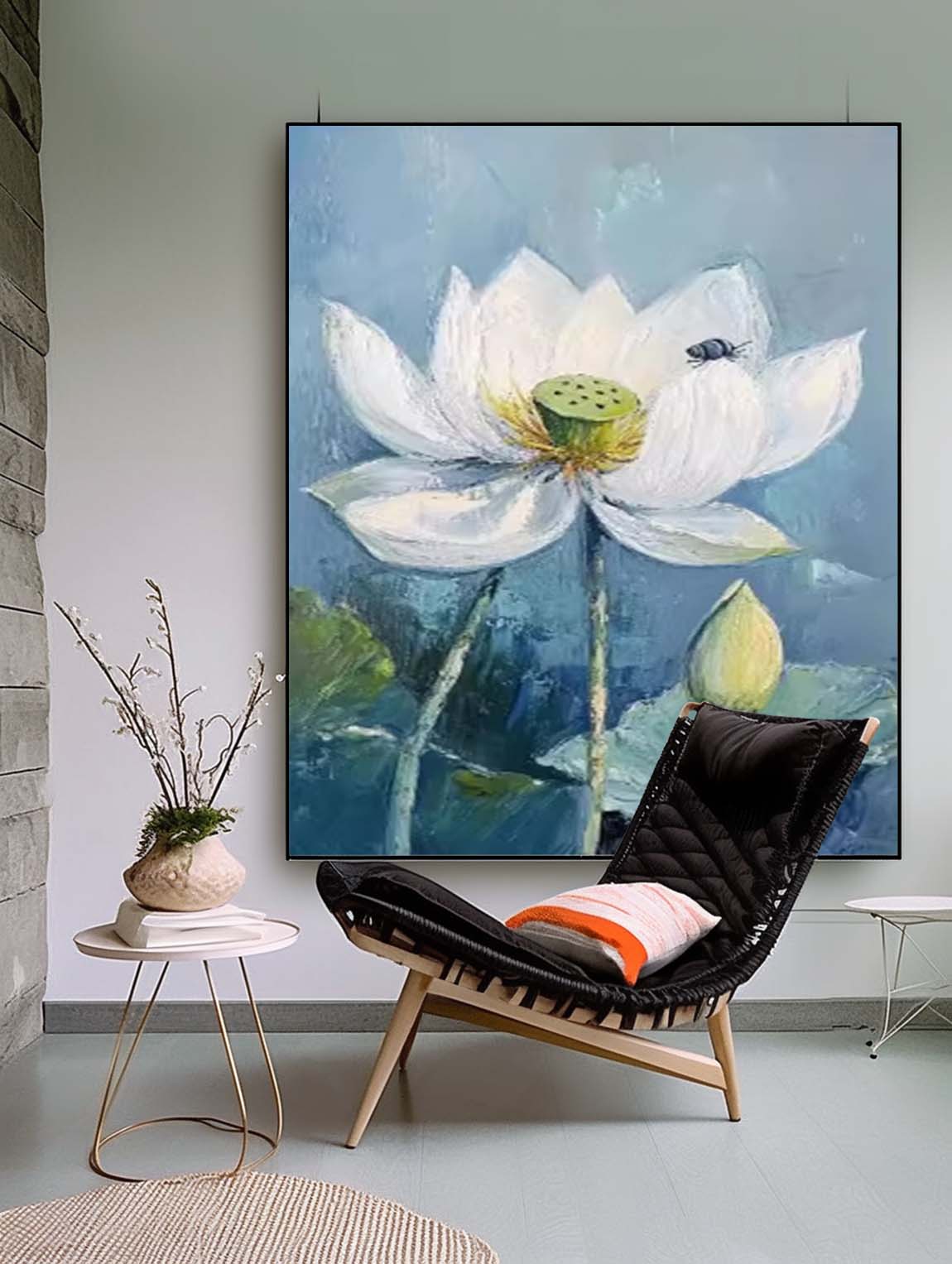 Big Original Texture Beautiful Blue Flowers Artwork Abstract Lotus Flower Oil Painting On Canvas Framed