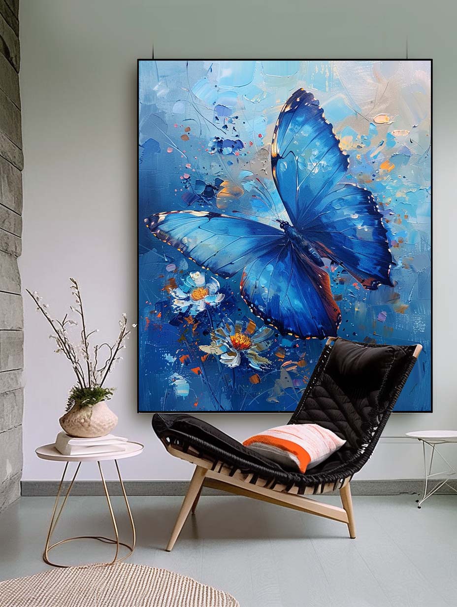 Impressionist Butterfly Wall Art Blue Oil Painting Modern Texture Oil Painting Original Artwork Decor