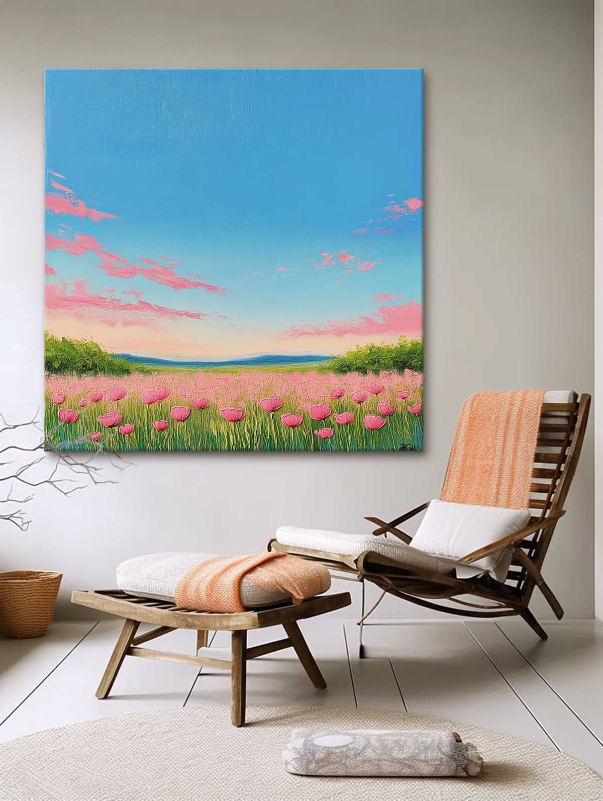 Wildflower Field Scenery Oil Painting Sunset Landscape painting Muted Country Field Wall Art Nature Artwork