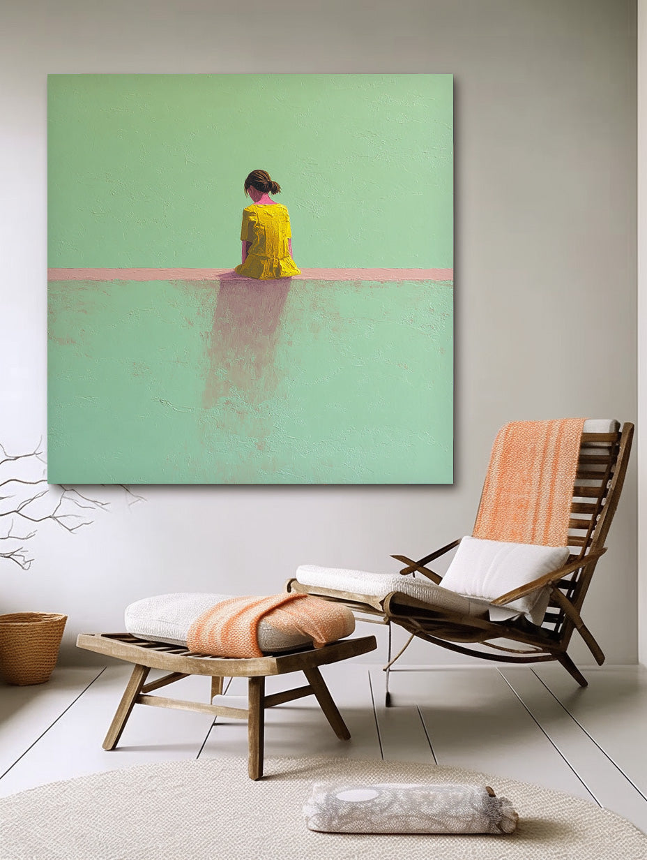 Minimalist Girl View Of Back Painting Green Wall Art Abstract Warm atmosphere Art For Living Room
