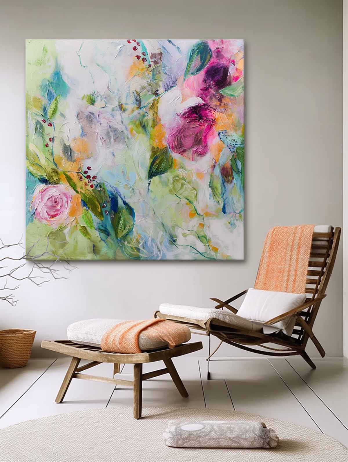 Flowers Acrylic Painting Canvas Original Floral Artwork Square Large Abstract Flowers Art For Living Room