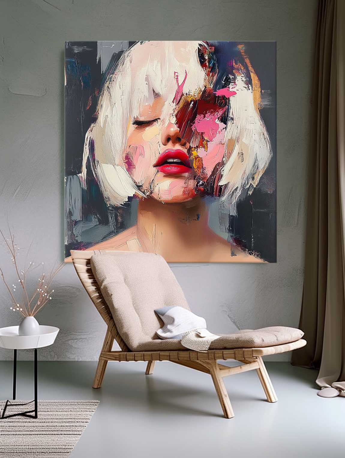 Square Large Short Hair Girl Portrait Artwork Beautiful Lady Abstract Wall Art Origina Acrylic Painting Canvas
