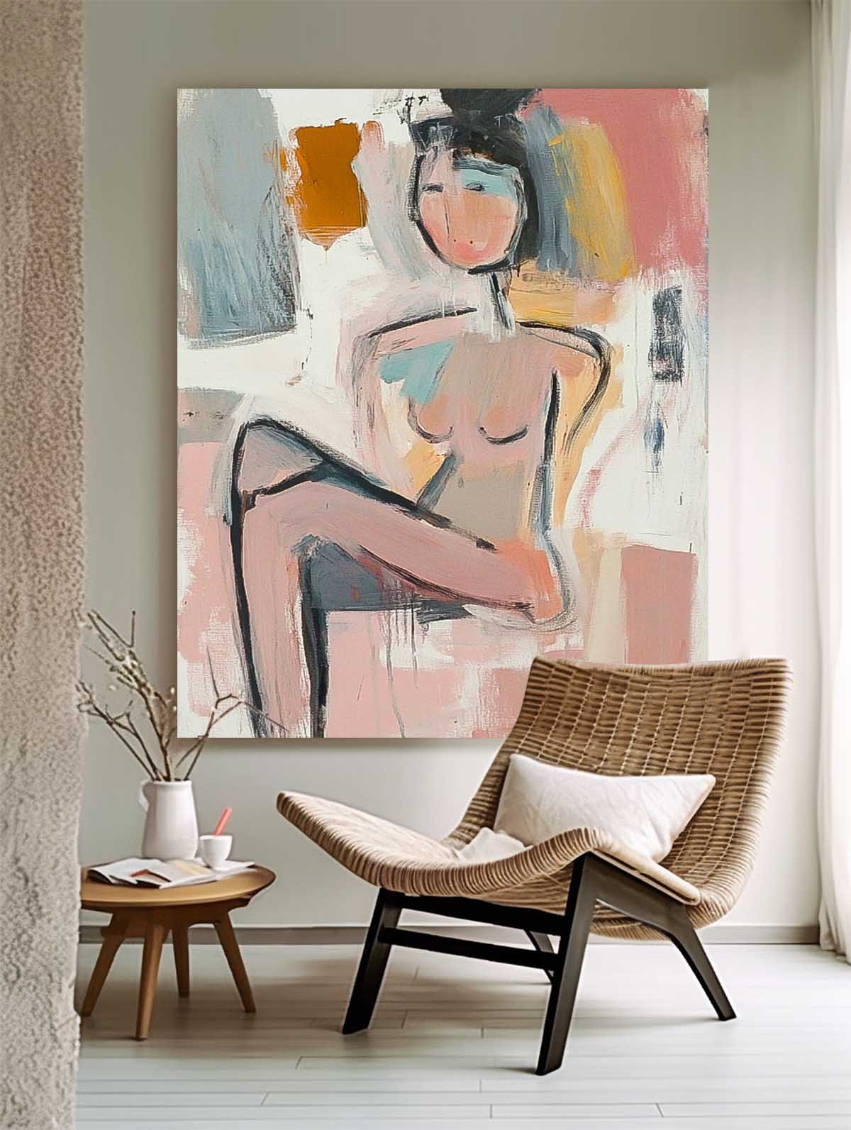 Abstract Doodle Artwork Large Girl Painting Abstract Lady Painting Original Wall Art Framed For Living Room