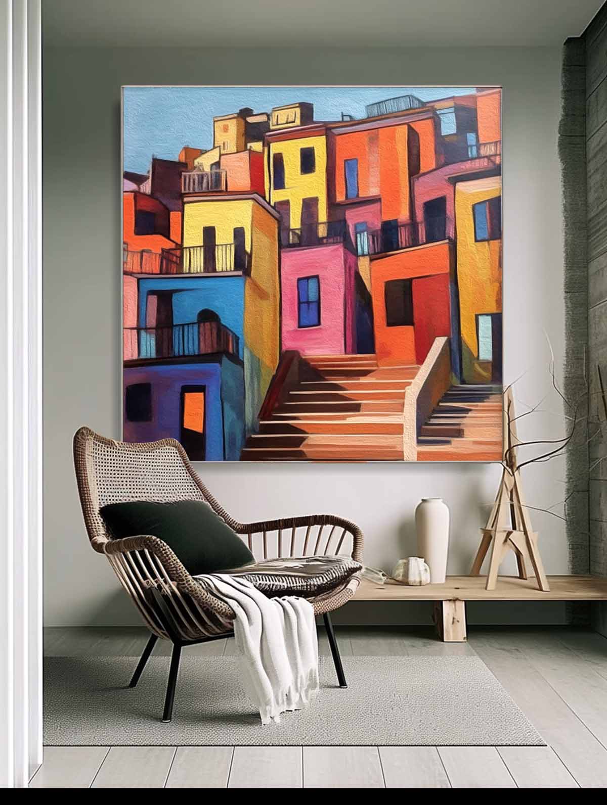 Modern Colorful House Oil Painting Large Acrylic painting Original Architecture Wall Art Home Decor