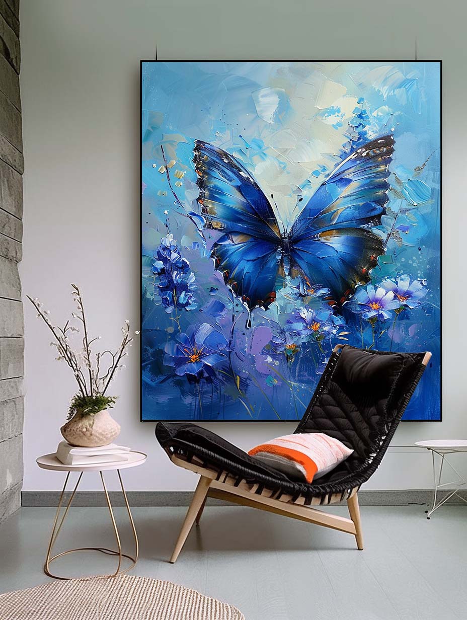 Modern Texture Oil Painting Framed Original Artwork Impressionist Lovely Butterfly Wall Art Blue Oil Painting
