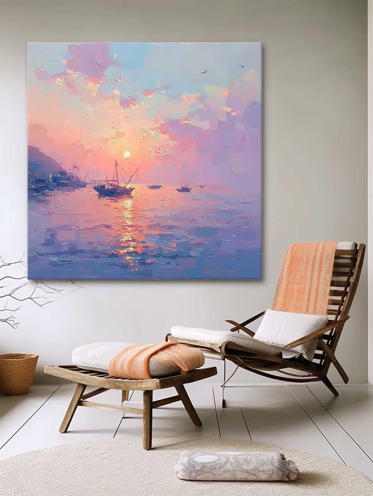 Modern Highest Quality Oil Painting Large Sunset At Sea Wall Art Abstract Texture Acrylic Painting For Living room