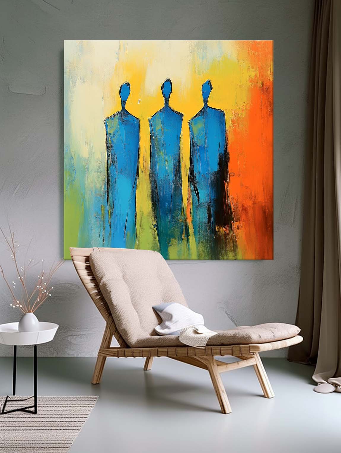 Original Blue Figure Acrylic Painting Canvas Colorful Abstract Wall Art Square Large Portrait Artwork