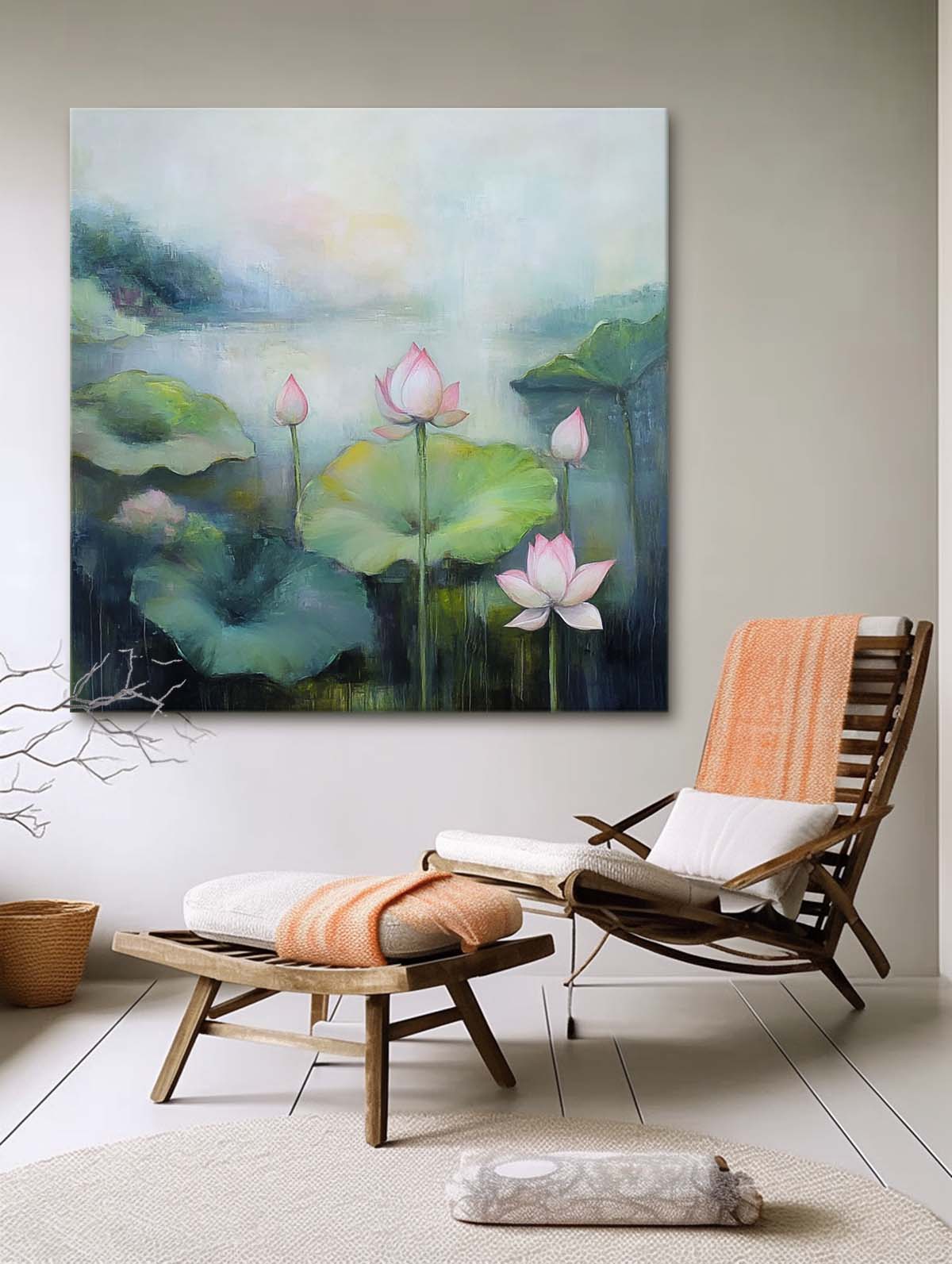 Floral Texture Canvas Painting Original Abstract Lotus Artwork Large Handmade Wall Art For Living Room
