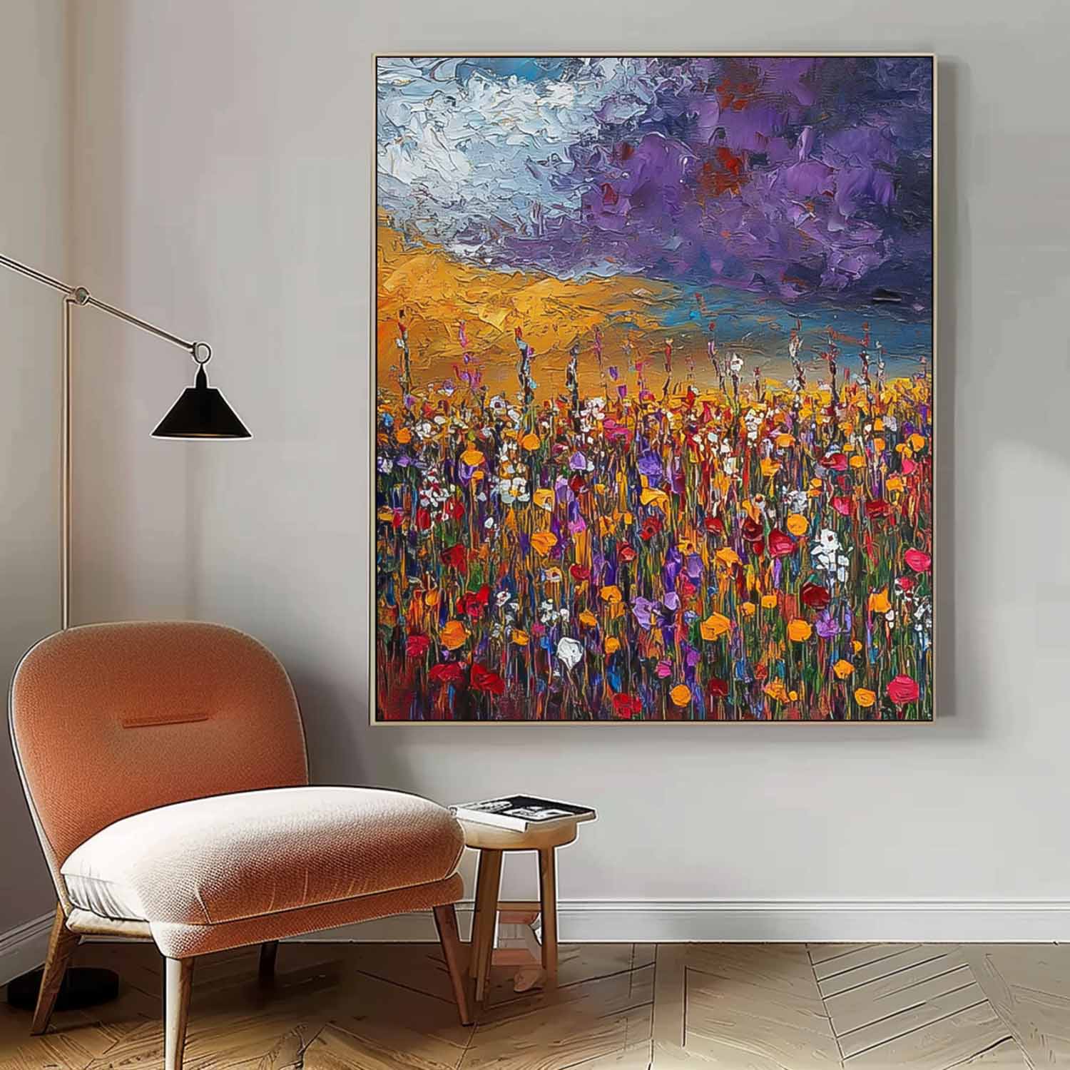Large Spring Wall Art Abstract Purple Scenery Painting Original Landscape Oil Painting Living Room Decor