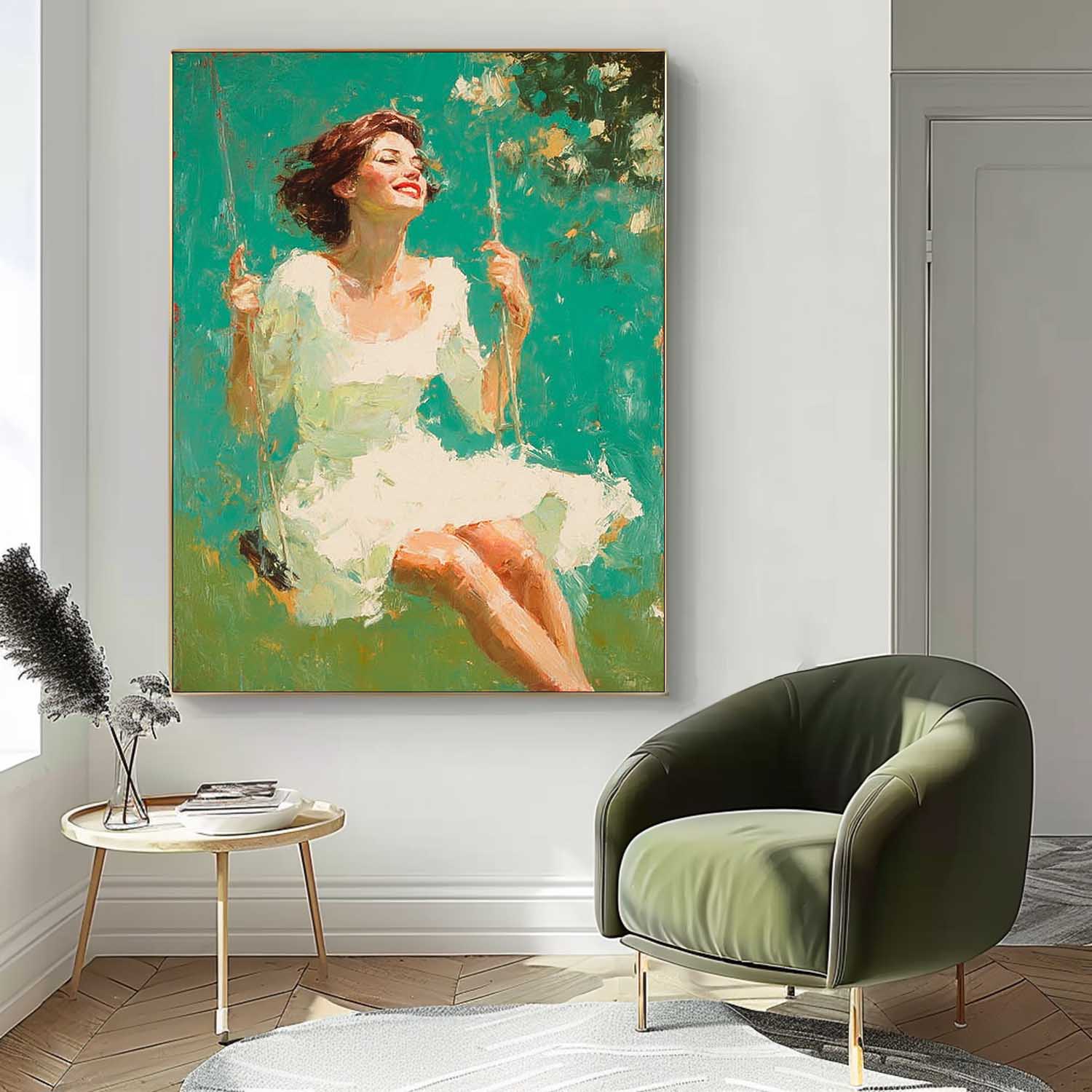 Custom Oil Painting of Woman On Swing Unique Modern Art for Wall Decor One-Of-A-Kind Handpainted Artwork