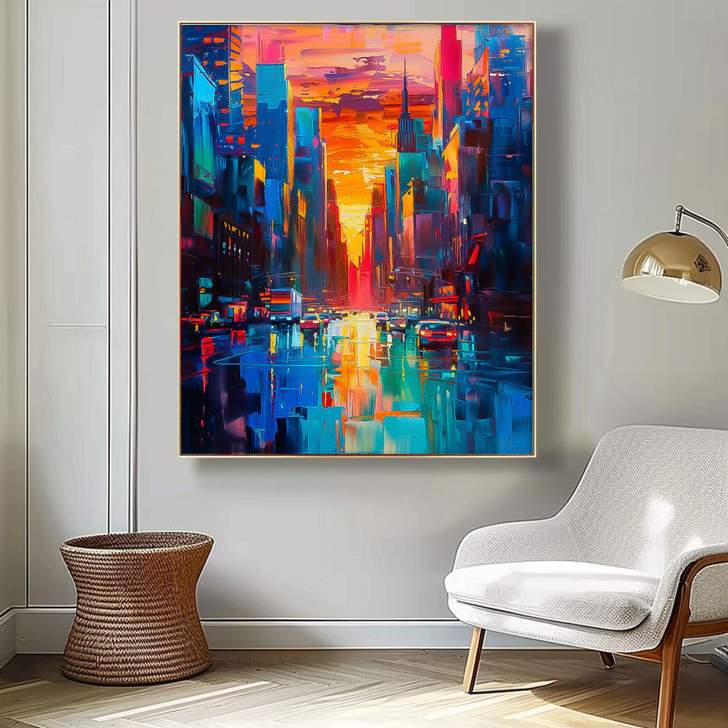 Color Big Wall Art Original Modern Cityscape Oil Painting On Canvas Abstract Urban Scene Art Home Decor