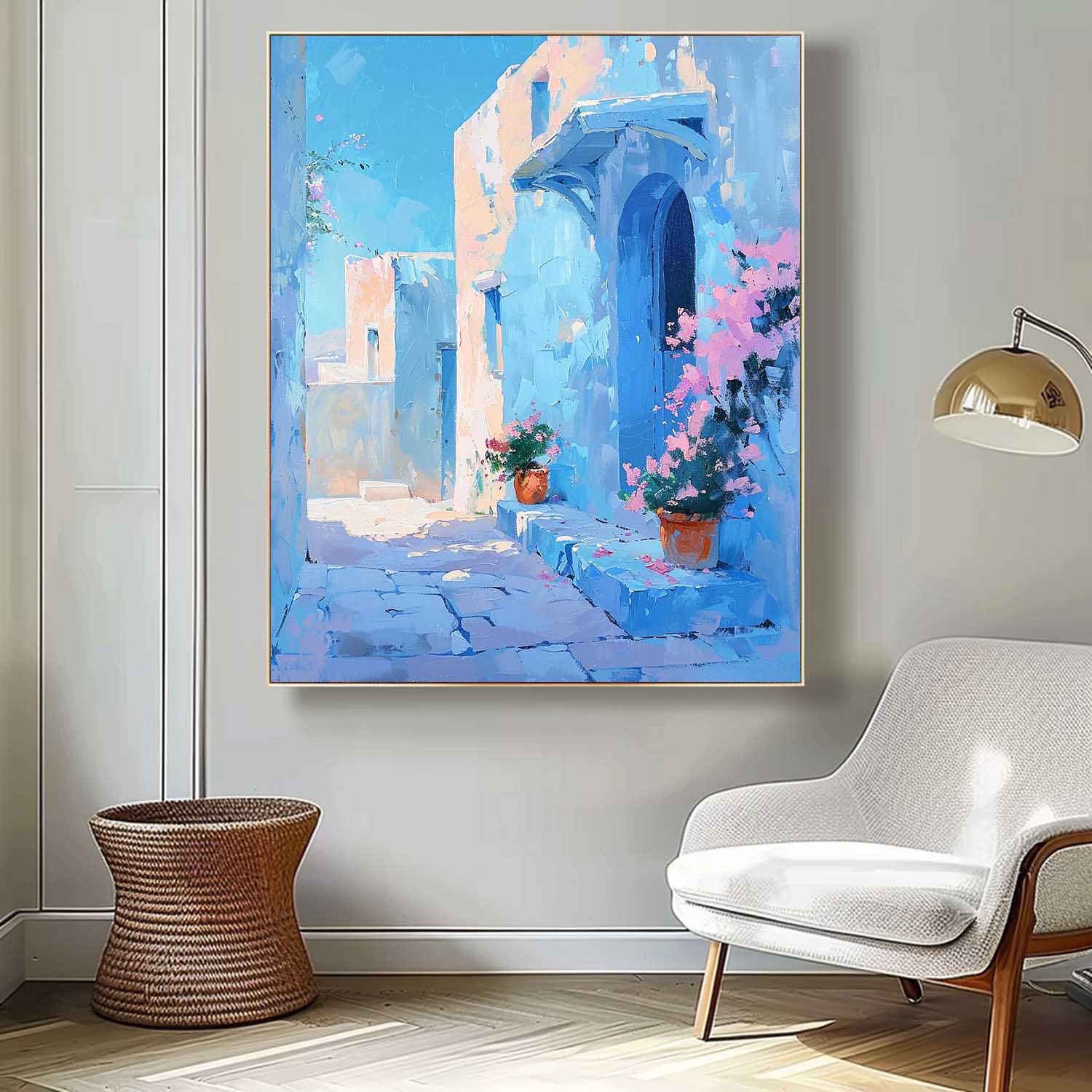 Large Alley Wall Art Original Modern Oil Painting On Canvas Dreamy Blue Building Abstract House Art Home Decor