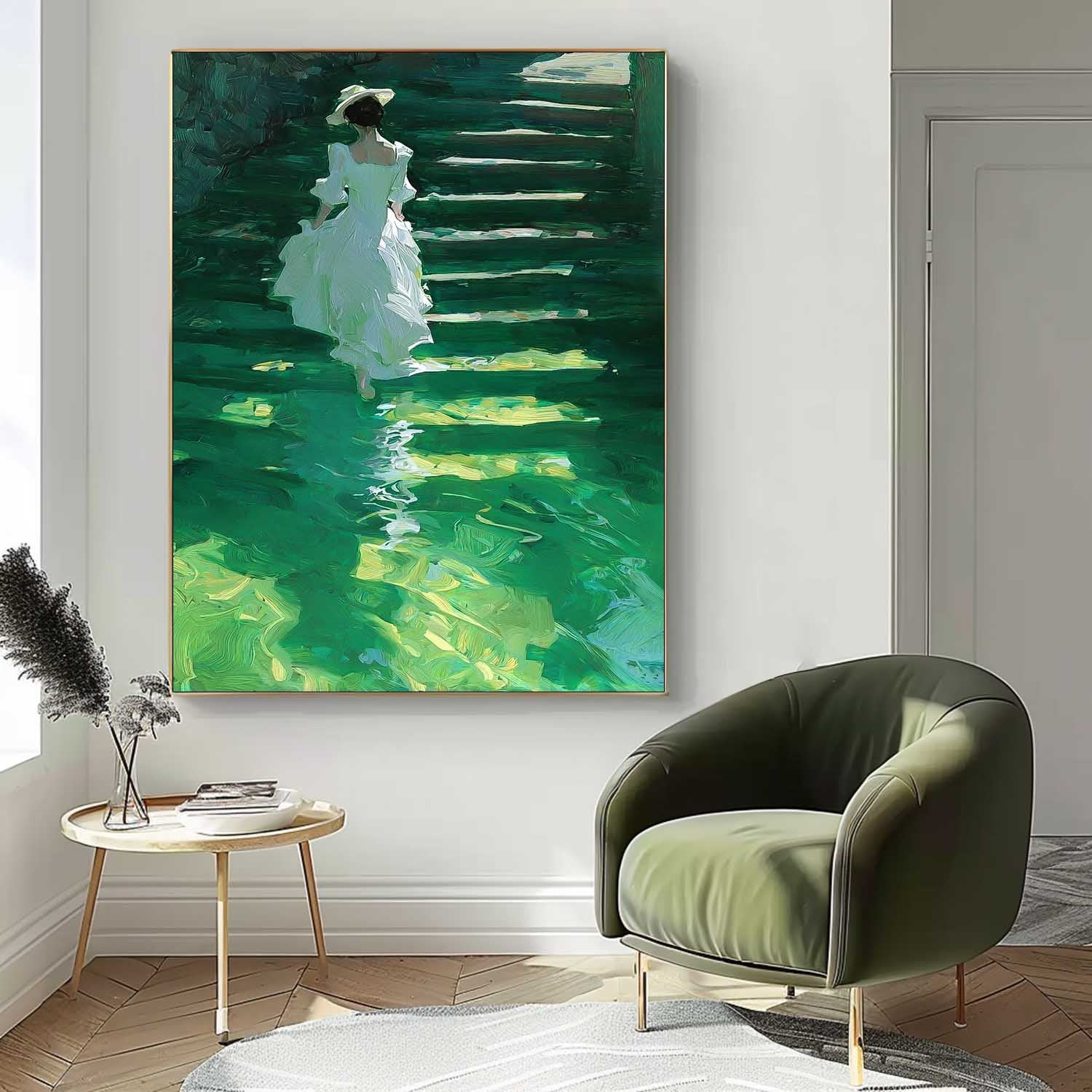 Green Toned Vintage Oil Painting Of Female Figure In White Dress On Water Stairs Artistic Wall Decor