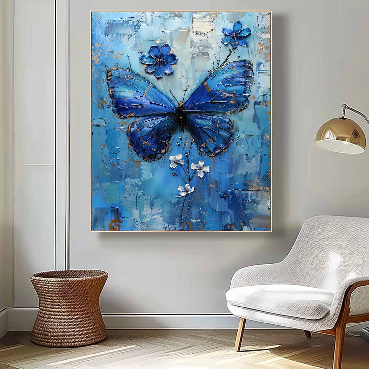 Original Artwork Impressionist Lovely Butterfly Wall Art Blue Oil Painting Modern Texture Oil Painting Framed