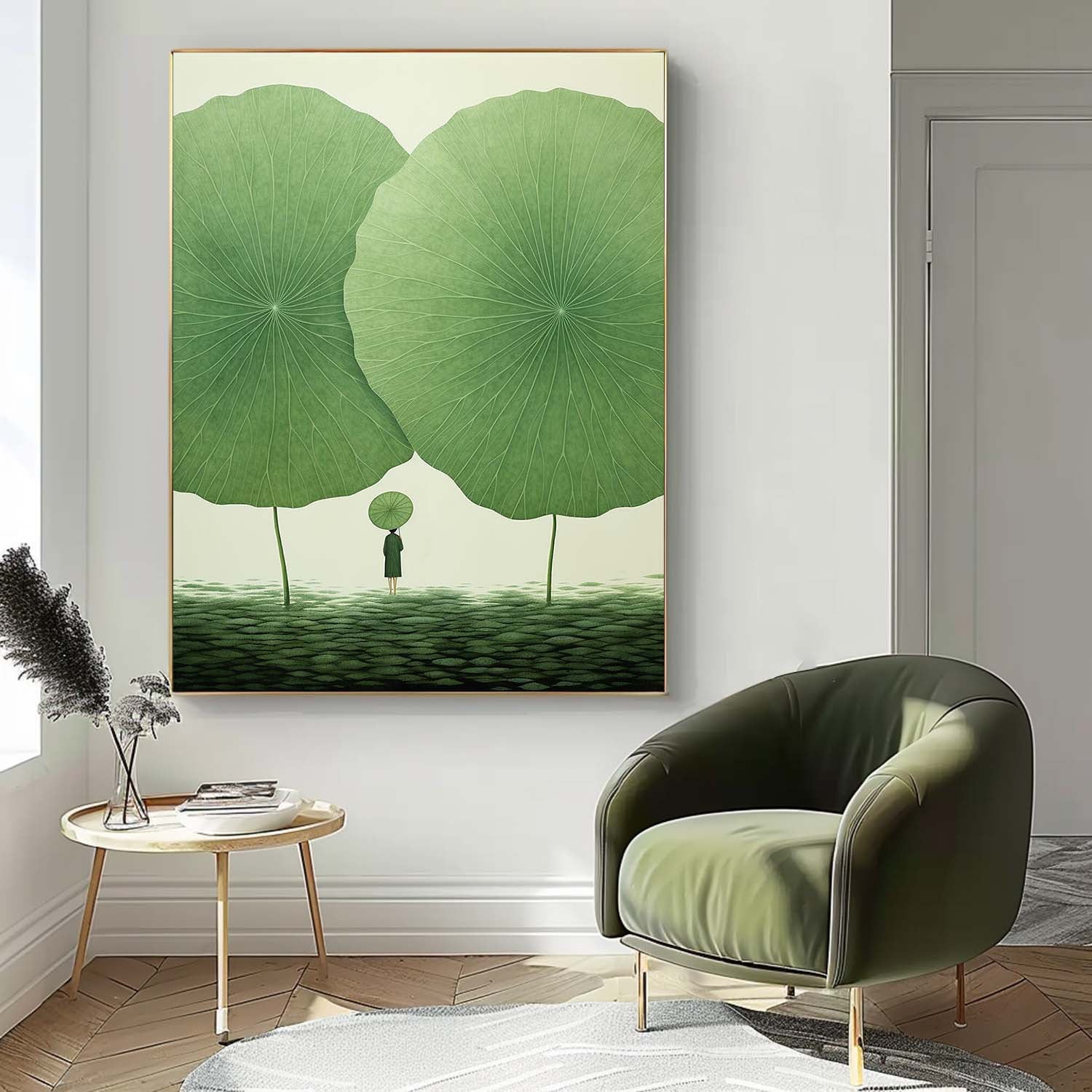 Original Modern Leaf Artwork Abstract Lotus Leaf Oil Painting On Canvas Floral illustration Wall Art Home Decor