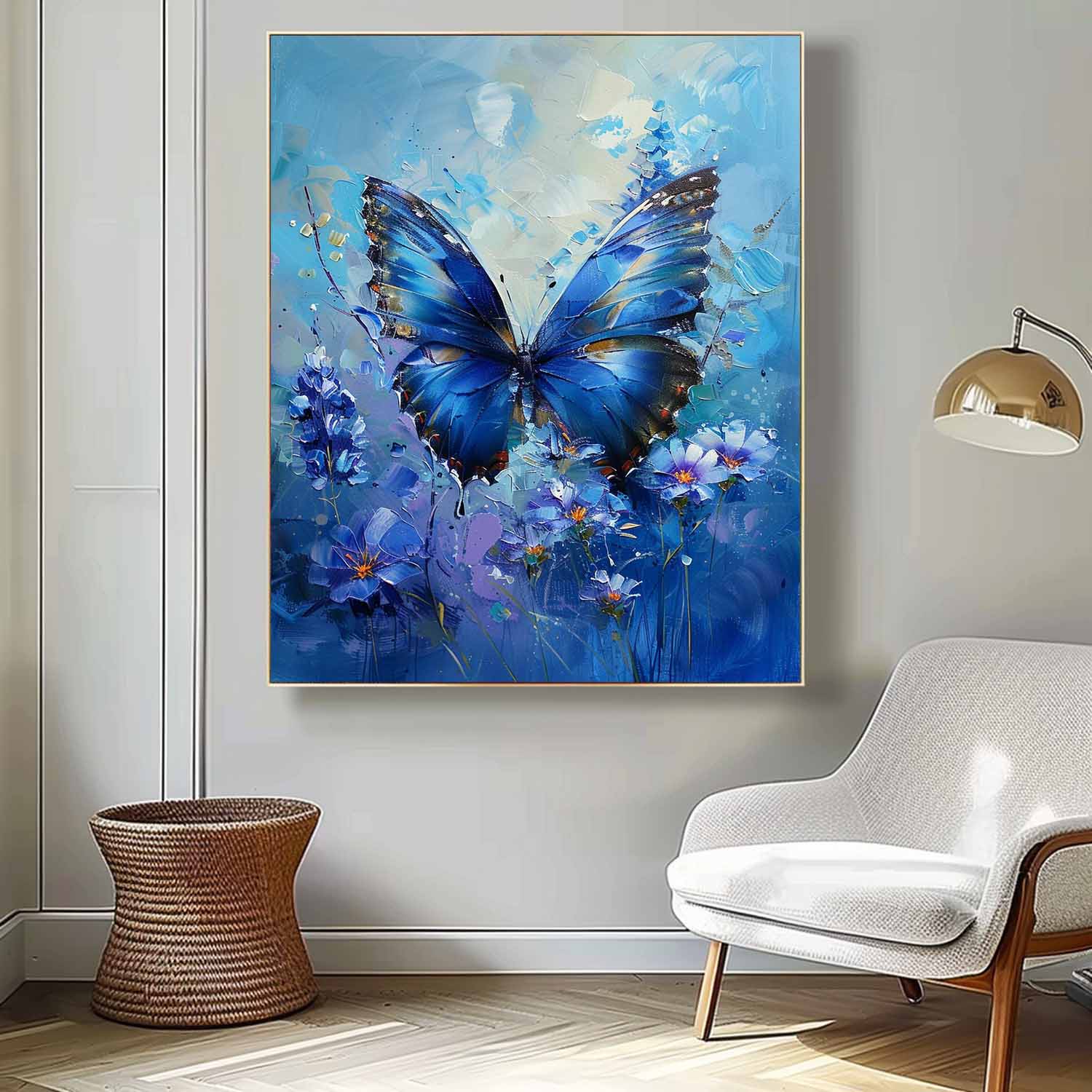 Modern Texture Oil Painting Framed Original Artwork Impressionist Lovely Butterfly Wall Art Blue Oil Painting
