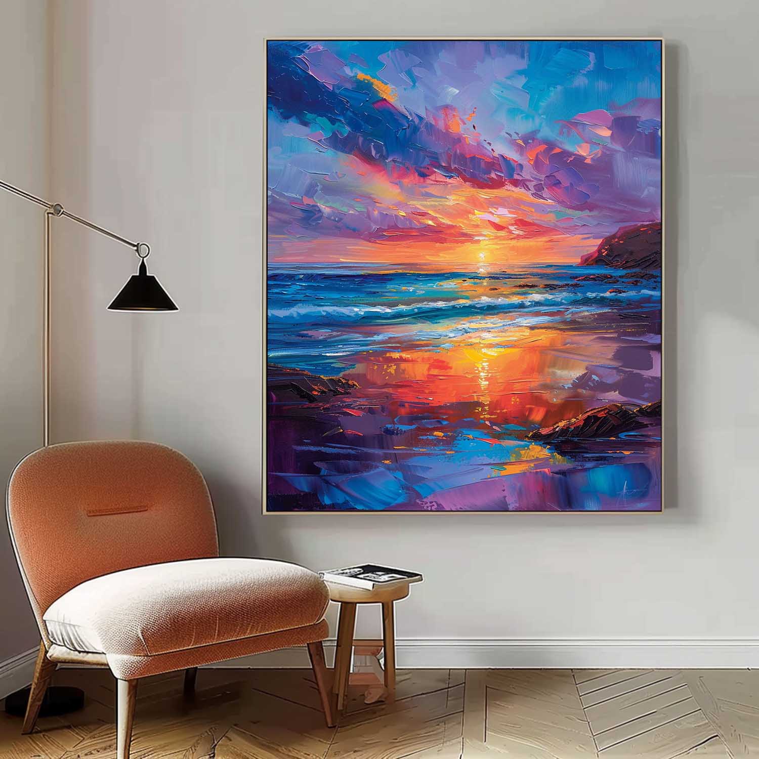 Colorful Original Abstract Beach Oil Painting On Canvas Large Ocean Wall Art Texture Sunset Artwork Home Decor