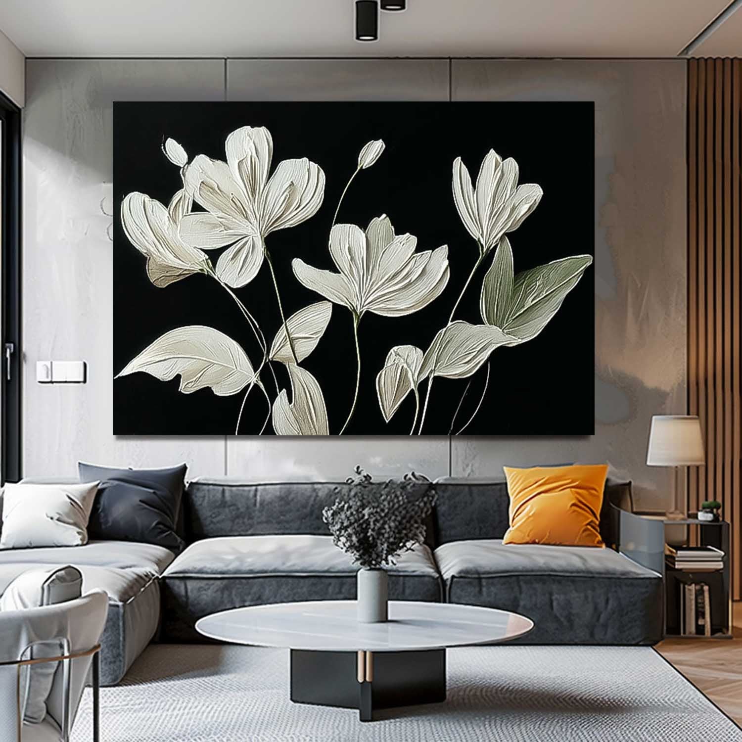 Original Black Abstract Oil Painting On Canvas Horizontal Flower Texture Artwork Home Decor Gift
