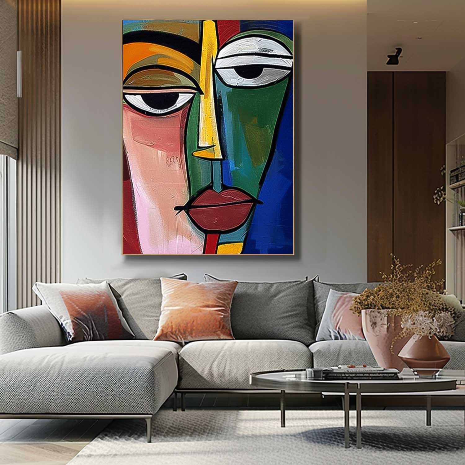 Original Colourful Bold Bright Artwork Expressive Abstract Faces Painting Modern Wall Art Home Decor