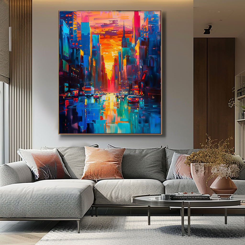 Color Big Wall Art Original Modern Cityscape Oil Painting On Canvas Abstract Urban Scene Art Home Decor