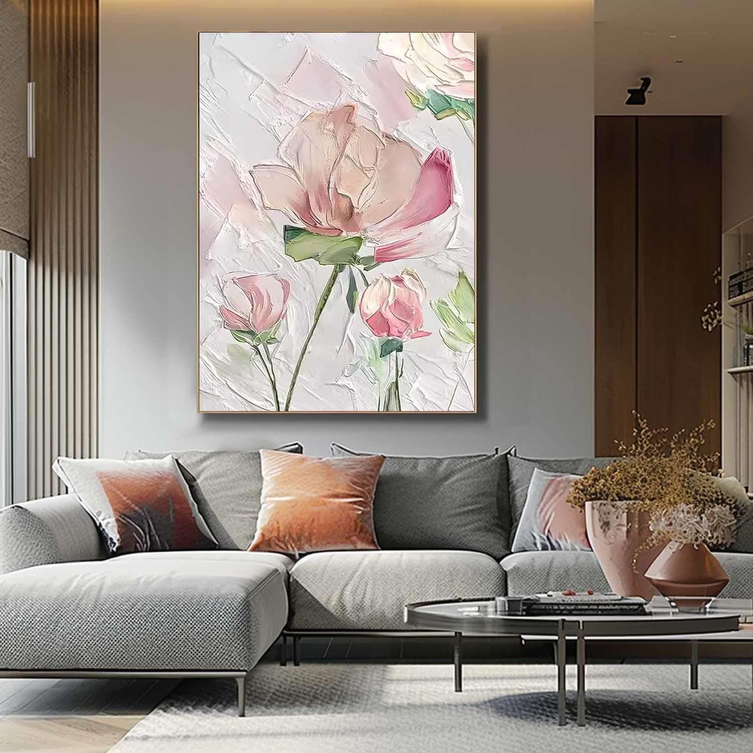 Abstract Pink Flower Oil Painting On Canvas Big Original Texture Beautiful Flowers Artwork Framed Home Decor
