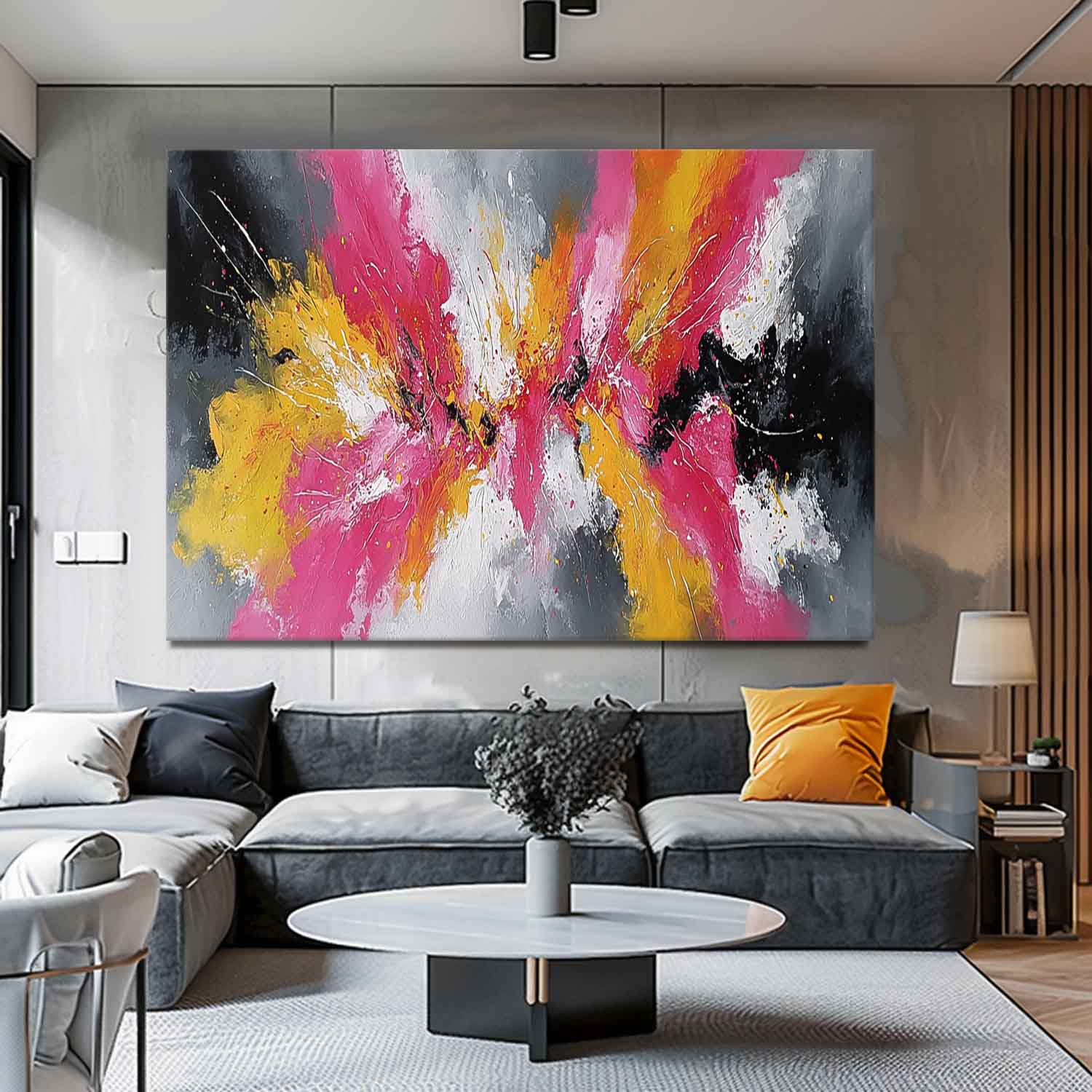 Modern Abstract Canvas Art Bright Pink & Yellow Explosion Textured Oil Painting For Home Wall Decor