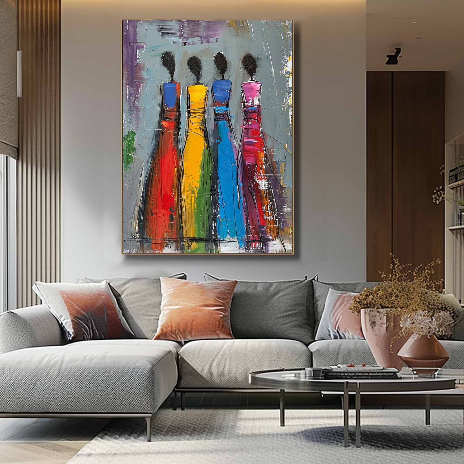 Colorful Four Women Silhouettes Painting Original Modern Wall Art Big Multicolor Girl Painting Framed