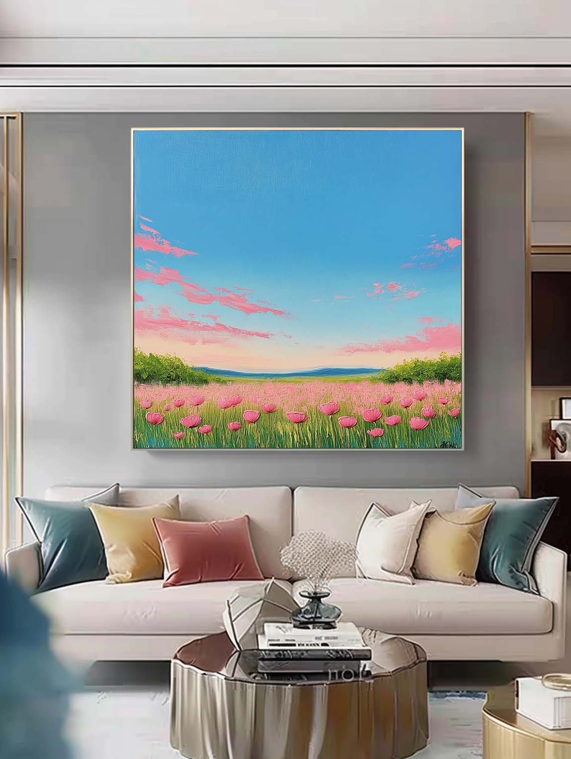 Wildflower Field Scenery Oil Painting Sunset Landscape painting Muted Country Field Wall Art Nature Artwork