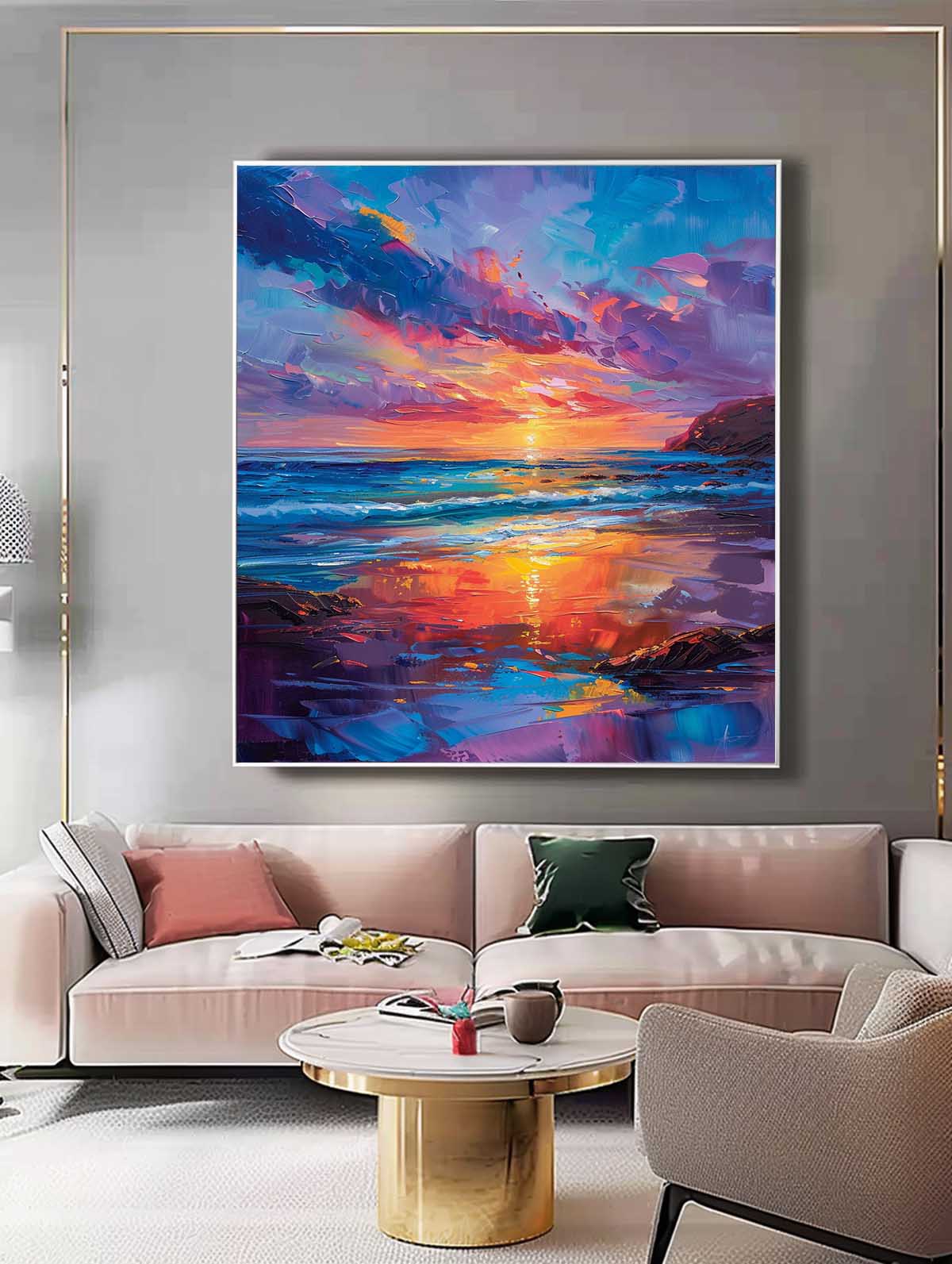 Colorful Original Abstract Beach Oil Painting On Canvas Large Ocean Wall Art Texture Sunset Artwork Home Decor