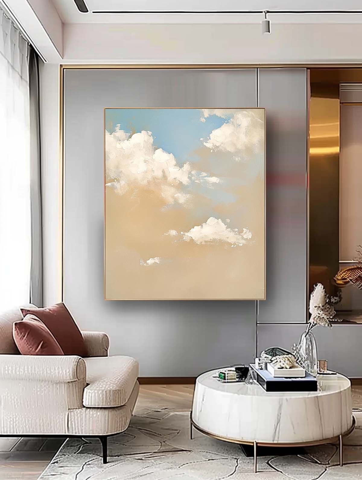 Large Cloud Painting On Canvas Abstract Cloud Oil Painting Warm Yellow Cloudiness Texture For Living Room