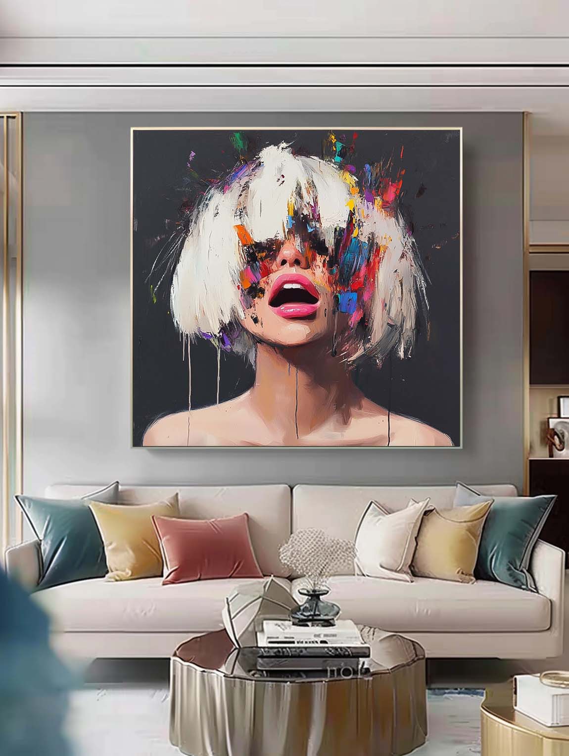 Beautiful Lady Abstract Wall Art Square Large Short Hair Girl Portrait Artwork Origina Acrylic Painting Canvas