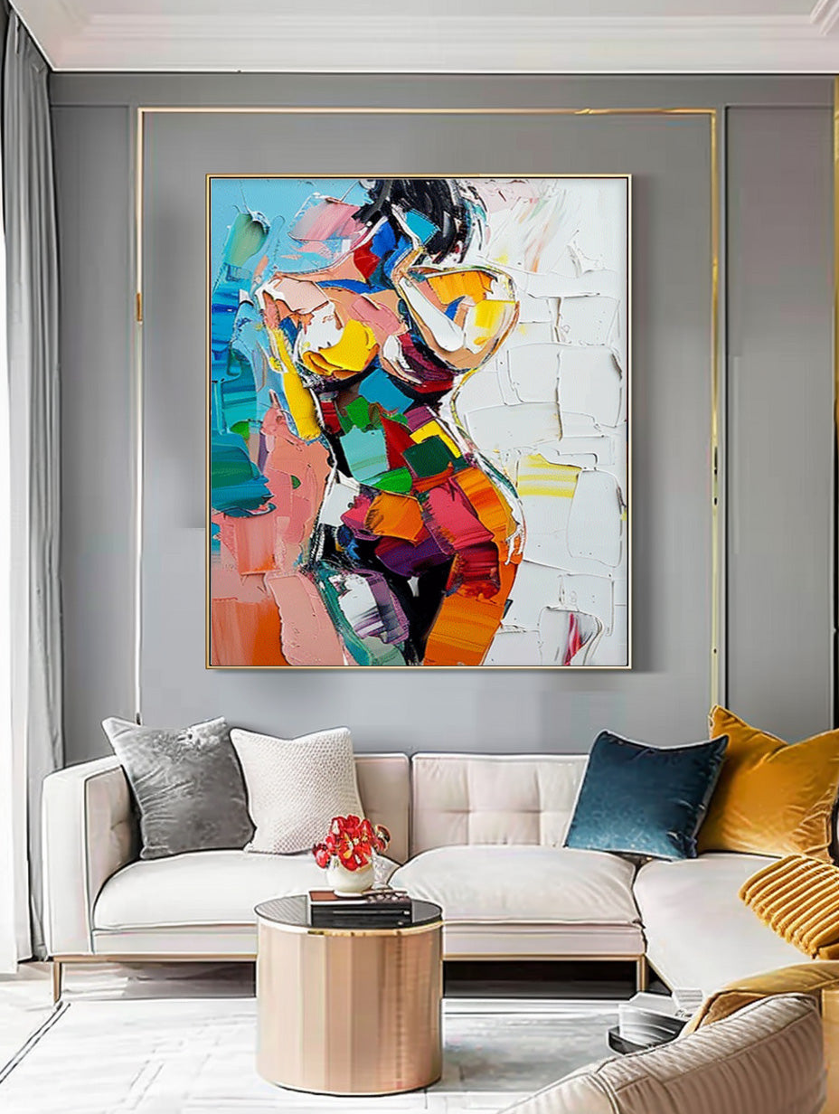 Figure Abstract Painting Colorful Texture Girl Wall Art Lady Oil Painting On Canvas Framed For Living Room