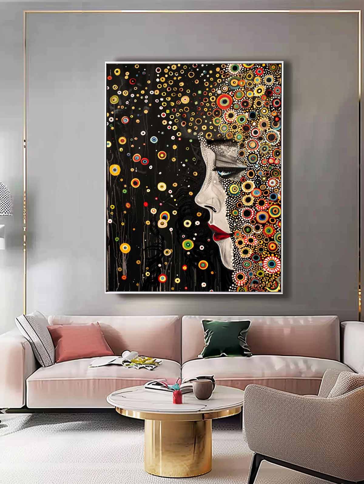 Large Figure Painting Original Gold Women Face Wall Art Minimalism Colorful Abstract Boho Artwork Gift