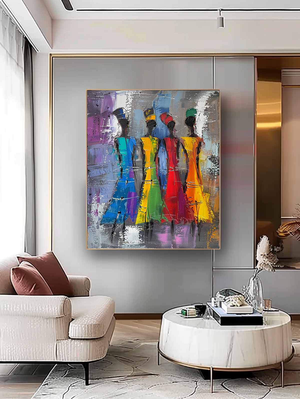 Original Modern Wall Art Colorful Four Women Silhouettes Painting Big Multicolor Girl Painting Framed