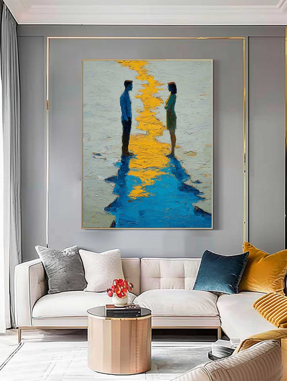 Abstract Lovers Oil Painting Romantic Couple Reflection Wall Art Heavy Texture Palette Knife Canvas Artwork