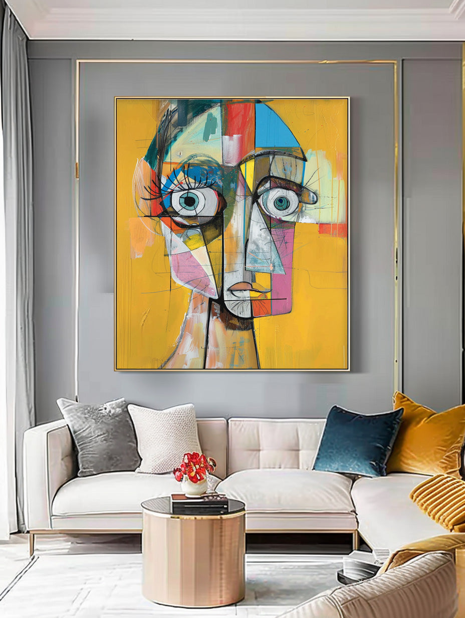 Original Bold Yellow Artwork Modern Facial Wall Art Expressive Abstract Faces Painting Home Decor