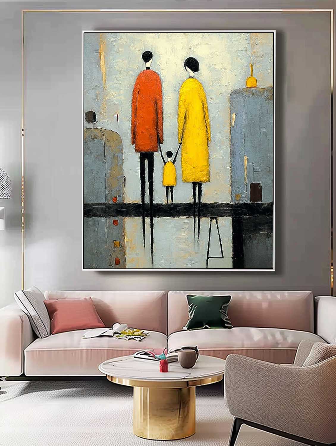 Minimalist Family Wall Art Original Neutral Background Oil Painting Modern City Silhouette Home Decor