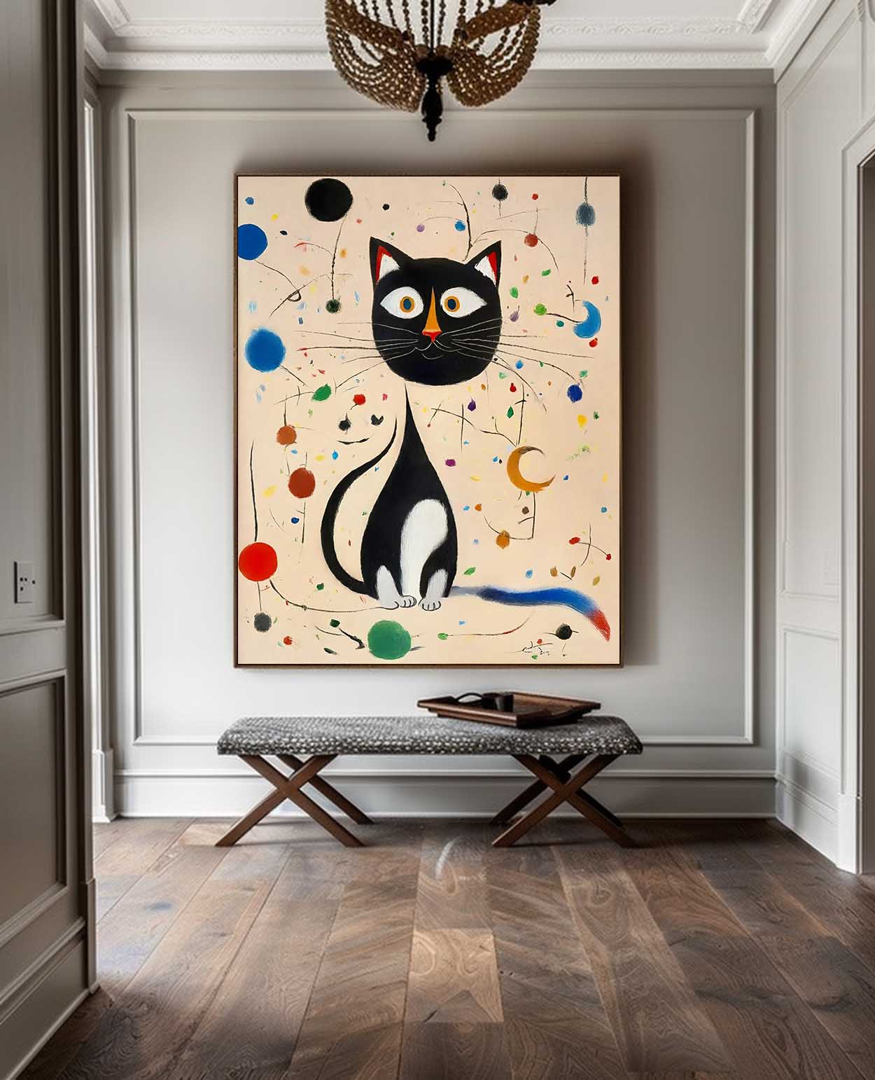Surreal Joan Miró Style Abstract Cat Oil Painting Large Cat Pop Art Modern Cat Oil Painting Framed Artwork
