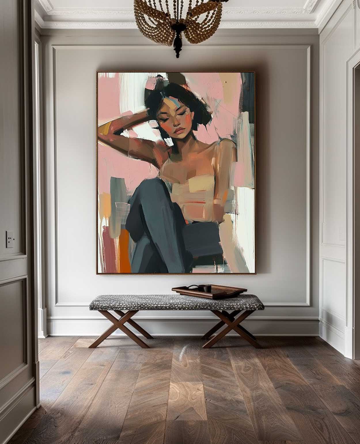 Large Lovely Girl Acrylic Painting Abstract Lady Artwork Original Woman Wall Art Framed For Living Room