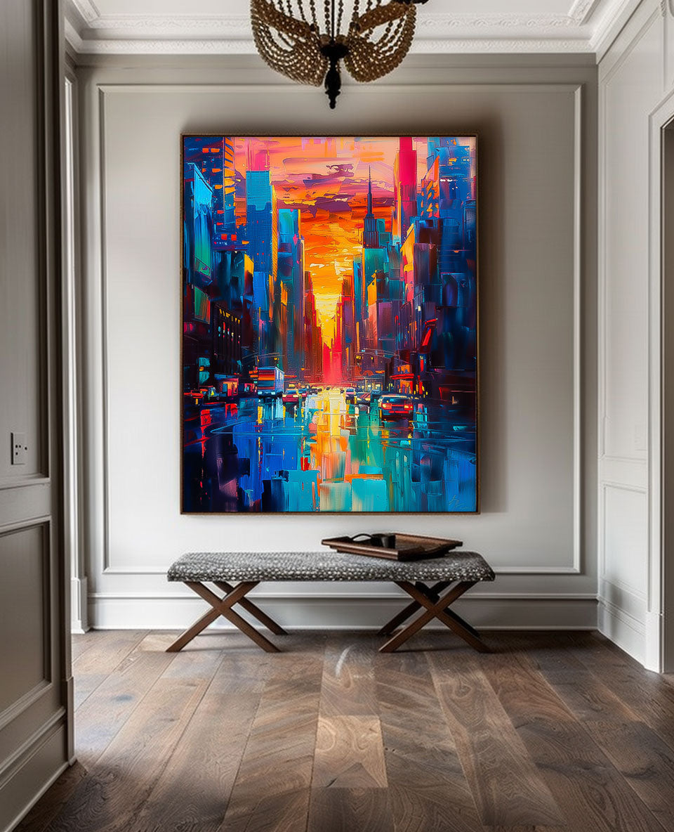 Color Big Wall Art Original Modern Cityscape Oil Painting On Canvas Abstract Urban Scene Art Home Decor