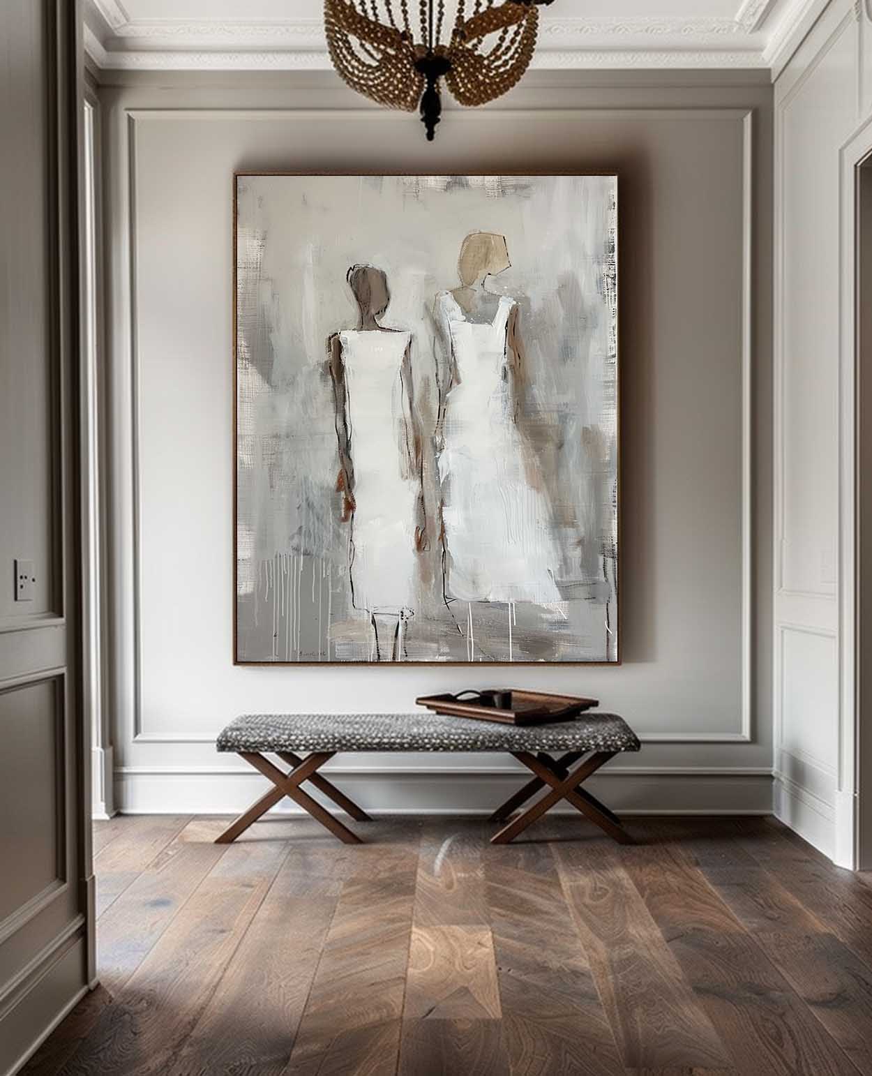 White Large Figure Painting Shadow Abstract Artwork Original Woman Silhouettes Wall Art For Living Room